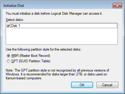Windows Disk Management attempting to create a new MBR or GPT on a Nintendo RVT-H Reader.
