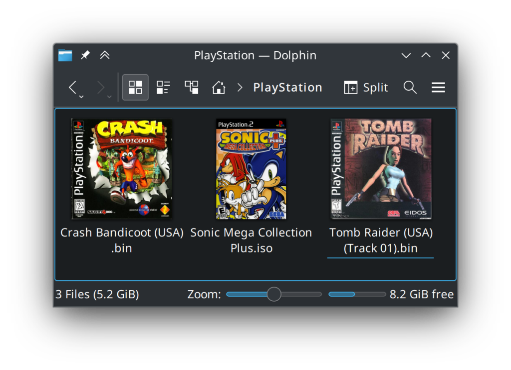 KDE Dolphin 23.04.3 showing PS1 and PS2 games. (rom-properties 2.2)